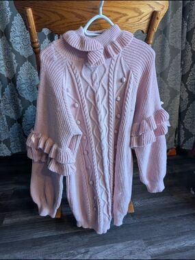 ROMWE Light Pink Ruffle Cable Knit Turtleneck Sweater